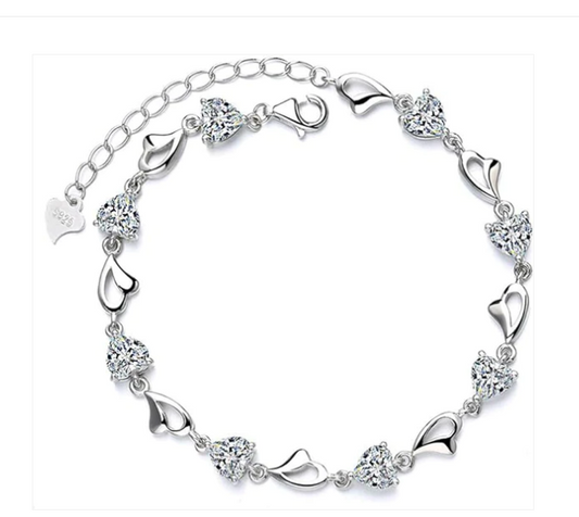 Children's and Teens' Bracelets:  Sterling Silver Clear CZ and Sweetheart Bracelets 16cm