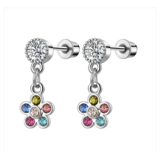 Children's Earrings:  Surgical Steel, Clear CZ Stud with Colourful Flower Dangles