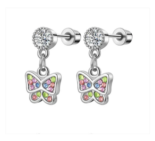Children's Earrings:  Surgical Steel, Clear CZ Stud with Pink, Green and Blue CZ Butterfly Dangles