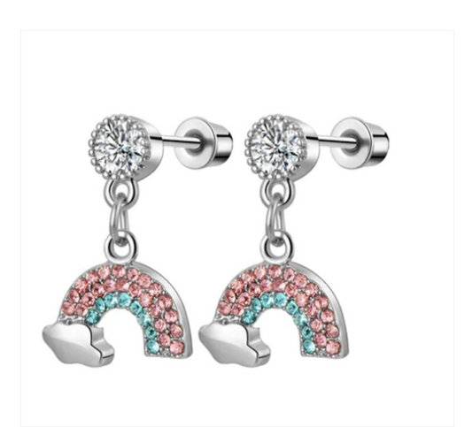 Children's Earrings:  Surgical Steel, Clear CZ Stud with Pink and Blue CZ Rainbow/Cloud Dangles