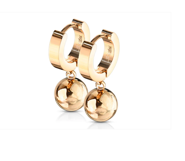 Children's and Teens' and Mothers' Earrings:  Surgical Steel, Rose Gold IP Huggies with Ball Dangle