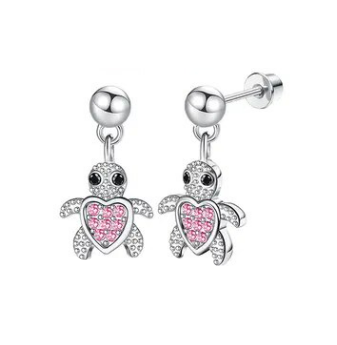 Children's, Teens' and Mothers' Earrings:  Hypoallergenic Surgical Steel Pink CZ Turtles with Screw Backs