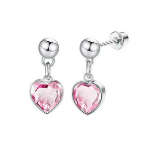 Children's, Teens' and Mothers' Earrings:  Hypoallergenic Surgical Steel Pink CZ Heart Dangles with Screw Backs