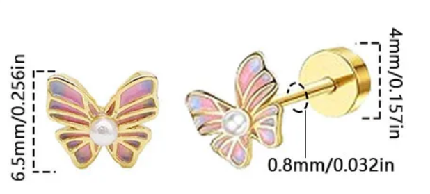 Children's Teens' and Mothers' Earrings:  Surgical Steel with Gold IP Pink/Blue Butterflies with Tiny Pearl and Screw Backs