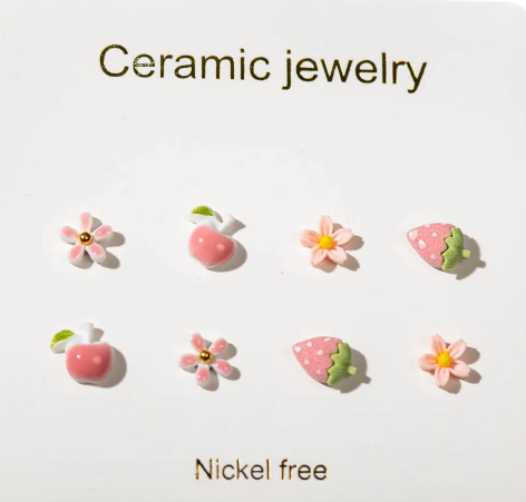 Children's Earrings:  Ceramic/Surgical Steel Set of 4 Pairs - 2 x Flowers, Strawberries, and Apples