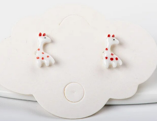 Children's Earrings:  Ceramic/Surgical Steel White/Red Giraffes