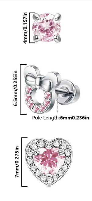 Children's Earrings:  Surgical Steel Pink CZ Screw Back Earrings x 3 with Gift Box