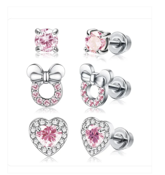 Children's Earrings:  Surgical Steel Pink CZ Screw Back Earrings x 3 with Gift Box