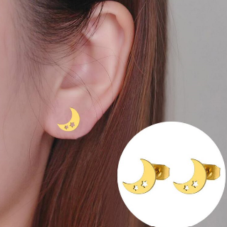 Children's and Teens' Earrings:  Surgical Steel, Gold IP, Moon with Cut Out Stars Earrings