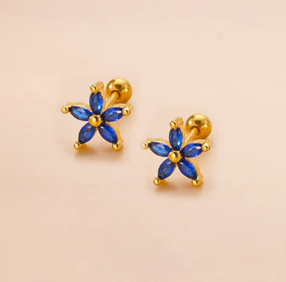 Children's Earrings:  Surgical Steel, Gold IP, with Vibrant Blue AAA CZ Flowers Reversible Screw Backs