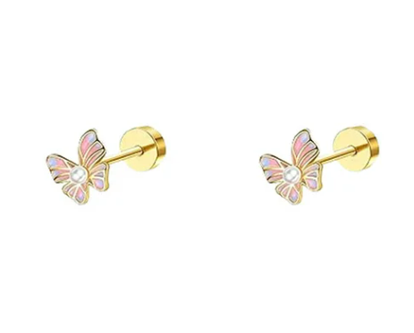Children's Teens' and Mothers' Earrings:  Surgical Steel with Gold IP Pink/Blue Butterflies with Tiny Pearl and Screw Backs