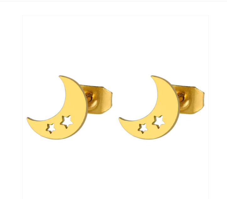 Children's and Teens' Earrings:  Surgical Steel, Gold IP, Moon with Cut Out Stars Earrings