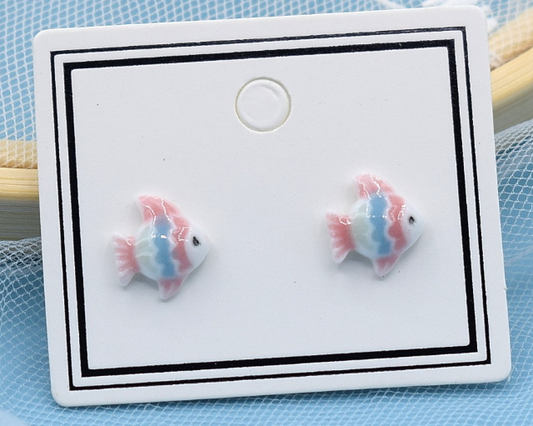 Children's Earrings:  Ceramic/Surgical Steel Pink, Blue and White Fish