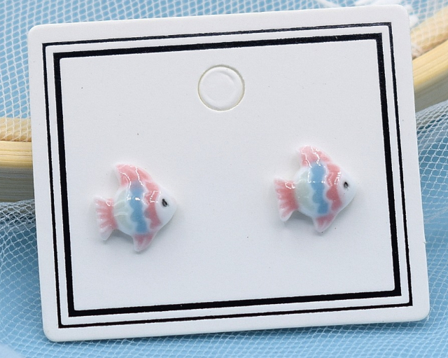 Children's Earrings:  Ceramic/Surgical Steel Pink, Blue and White Fish
