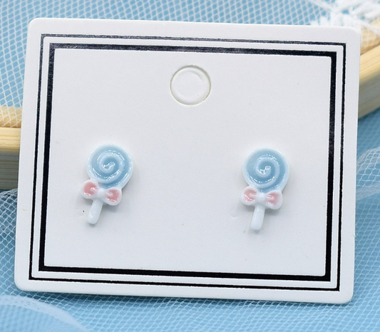 Children's Earrings:  Ceramic/Surgical Steel Pink, Blue and White Lollypops