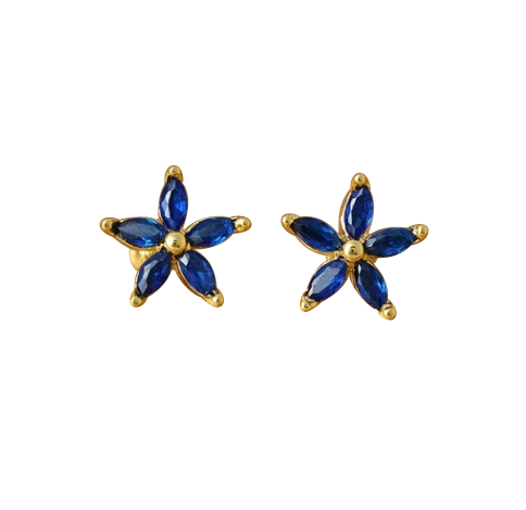 Children's Earrings:  Surgical Steel, Gold IP, with Vibrant Blue AAA CZ Flowers Reversible Screw Backs