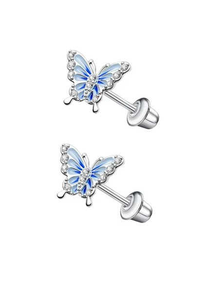 Children's Earrings:  Surgical Steel Blue Butterflies with AAA Clear CZ and Screw Backs and Gift Box