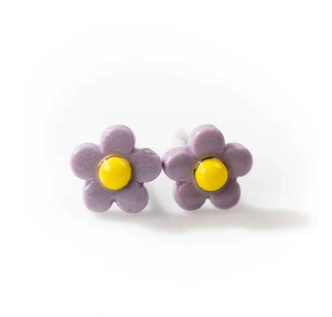 Children's Earrings:  Ceramic/Surgical Steel Lavender Flowers with Yellow Centres