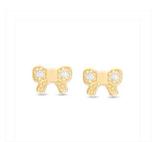Baby and Children's Earrings:  14k Gold CZ Bows with Screwbacks and Gift Box