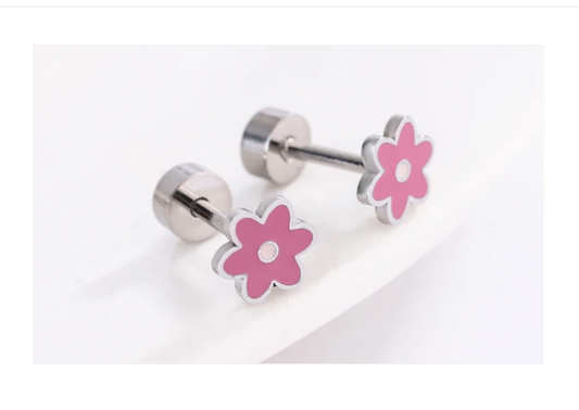 Children's Earrings:   Surgical Steel Pink Flowers with Screw Backs