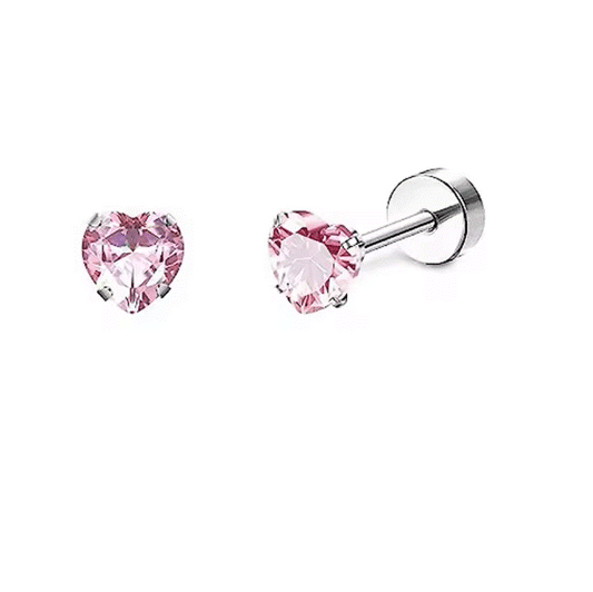 Baby and Children's Earrings:  Surgical Steel 5mm Pink AAA CZ Hearts with Screw Backs