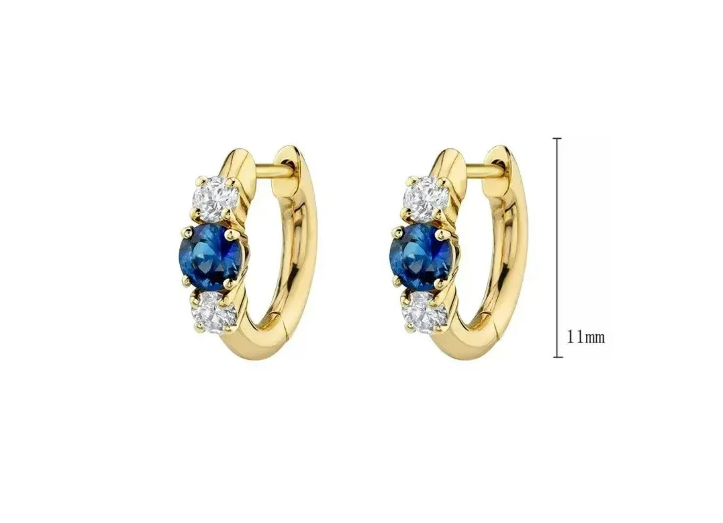Children's Earrings:  14k Gold over Sterling Silver Huggie Hoops with Blue/White CZ with Gift Box