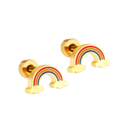 Children's earrings featuring gold plated rainbow cloud studs with vibrant enamel detailing.