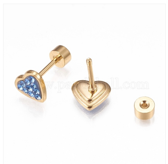 Children's Earrings:  Surgical Steel with Gold IP Sparkly Hearts with Screw Backs in 6 Colours