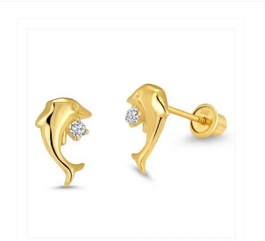 Children's Earrings:  14k gold Dolphin CZ Screw Back Earrings with Gift Box