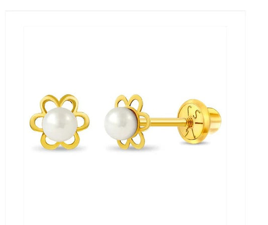 Baby and Children's Earrings:  14k Gold, White Cultured Pearl Flower Screw Backs with Gift Box