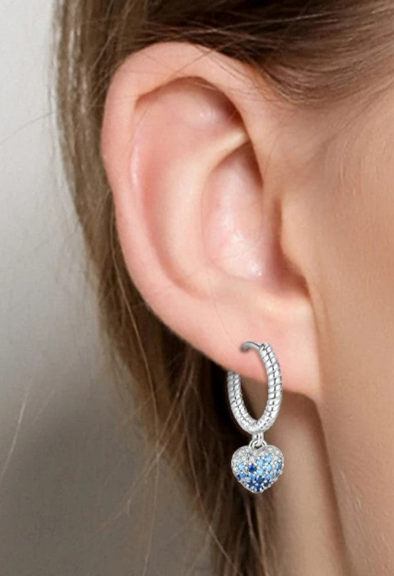 Children's, Teens and Mothers' Earrings:  Sterling Silver Hoops with Blue/White CZ Puffed Hearts