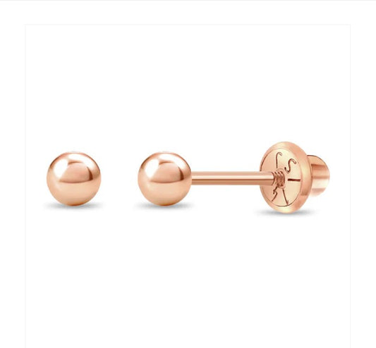 Baby Earrings:  14k Rose Gold Ball Studs 3mm with Screw Backs with Gift Box