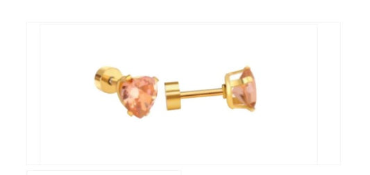 Children's, Teens' and Mothers' Earrings:  Surgical Steel, Gold IP, 6mm Heart CZ Earrings with Screw backs -Champagne