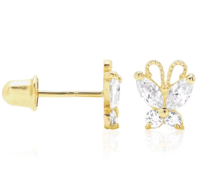 Children's Earrings:  14k Gold AAA Clear CZ Butterflies with Screw Backs and Gift Box