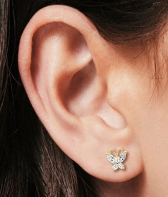 Children's Earrings:  14k Gold AAA Clear CZ Butterflies with Screw Backs and Gift Box