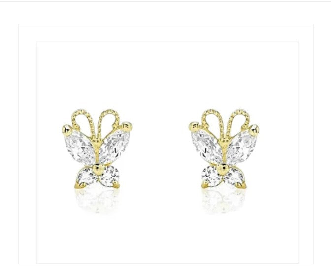 Children's Earrings:  14k Gold AAA Clear CZ Butterflies with Screw Backs and Gift Box