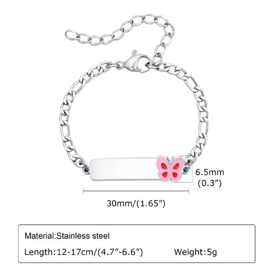 Baby and Children's Bracelets:  Polished Steel wiith Pink Butterfly