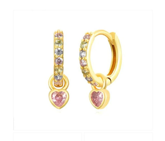Children's Earrings:  14k Gold over Sterling Silver Pink/Green/White Huggies with Pink Hearts
