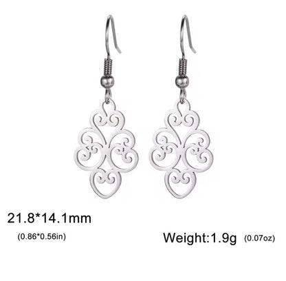 A pair of silver hook earrings with intricate detailing, displayed against a white background. The earrings have a polished finish and are marked with their dimensions and weight.