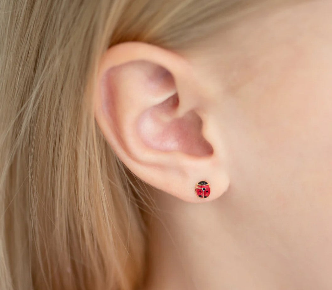 Children's Earrings:  14k Solid Gold Ladybug Earrings with Screw Backs and Gift Box