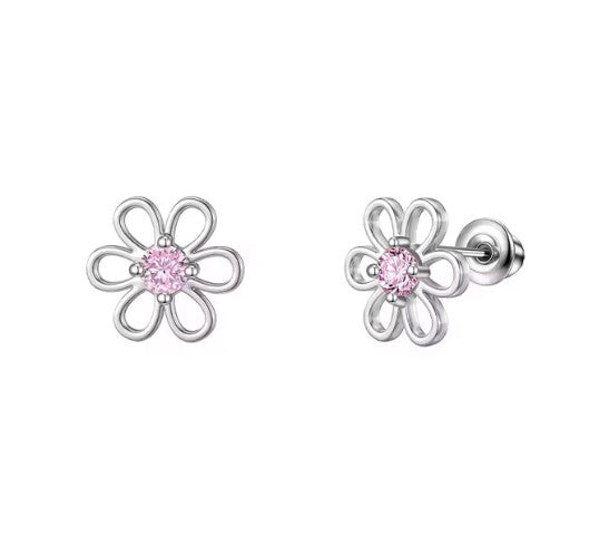 Children's Earrings:  Surgical Steel Flowers with Pink CZ and Screw Backs
