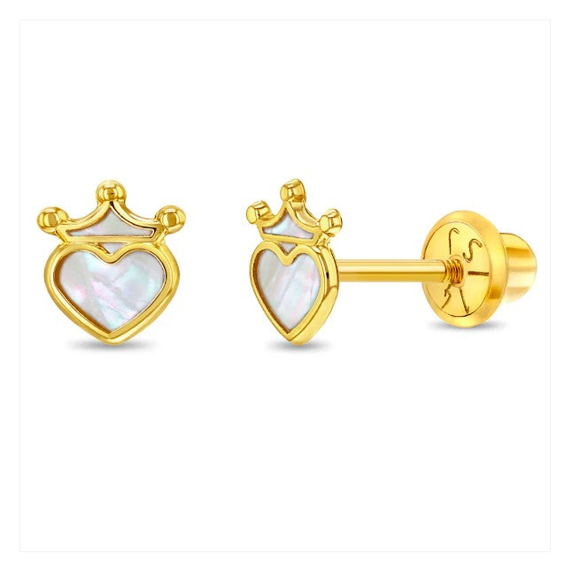 Baby and Children's Earrings:  14k Gold Mother of Pearl Princess Hearts with Screw Backs and Gift Box