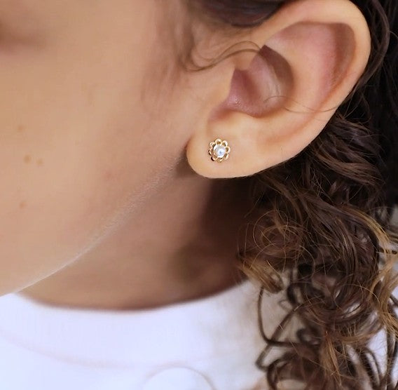 Baby and Children's Earrings:  14k Gold, White Cultured Pearl Flower Screw Backs with Gift Box