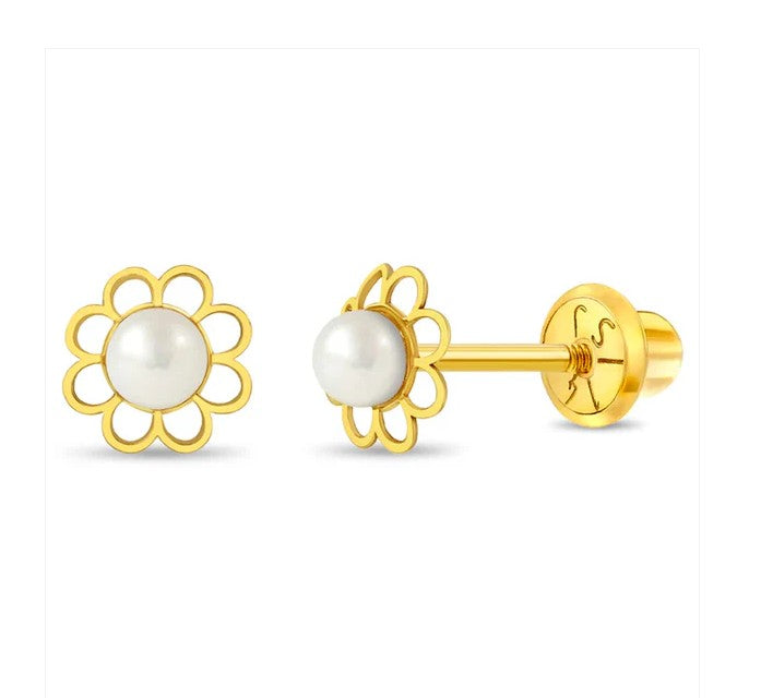 Baby and Children's Earrings:  14k Gold, White Cultured Pearl Flower Screw Backs with Gift Box