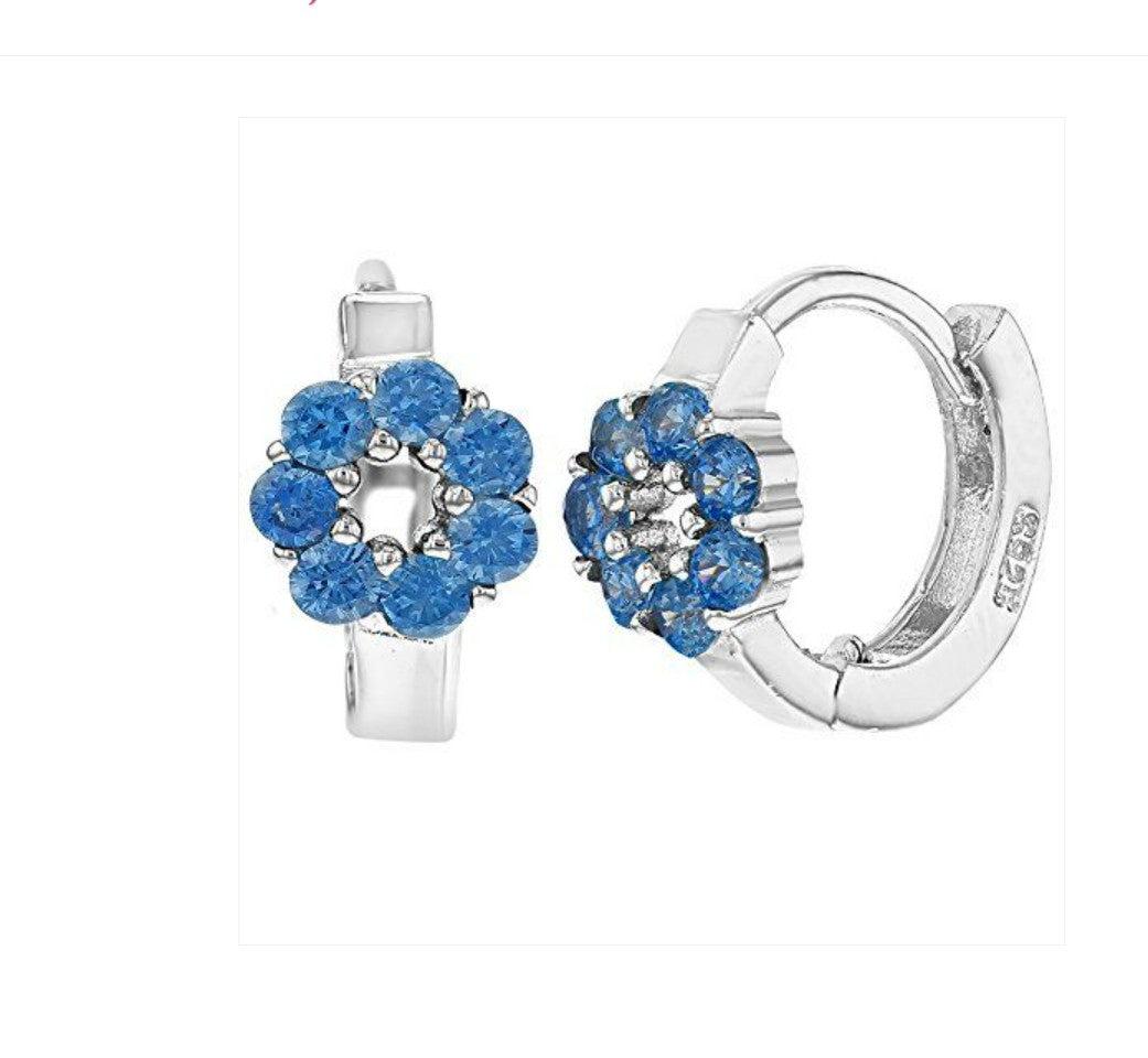 Children's Earrings:  Sterling Silver Children's Huggies with Blue Flower