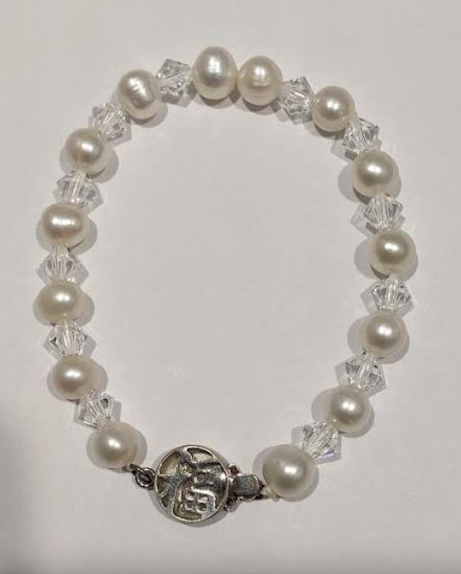 Baby Bracelets and Children's Bracelets:  Sterling Silver, Freshwater Pearl & Swarovski Crystals, Size Small