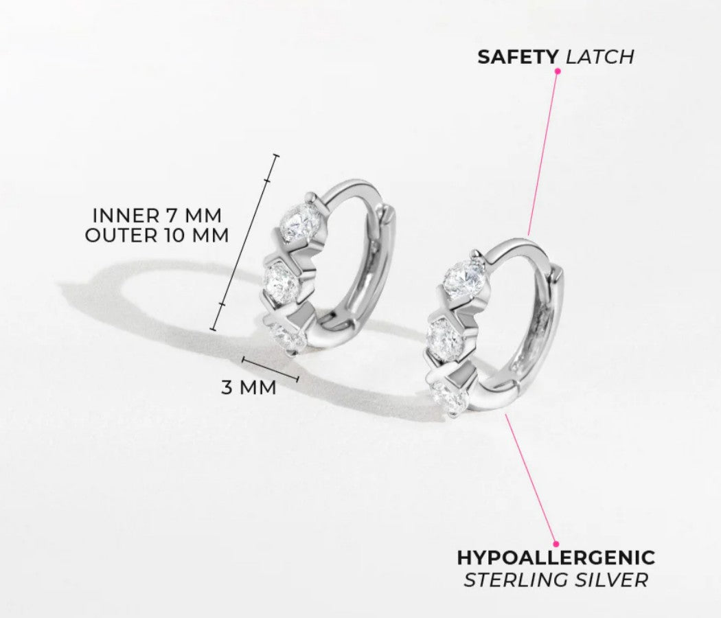 Toddlers and Children's Earrings:  Sterling Silver XOX CZ Huggies 10mm External, 7mm Internal Diameter