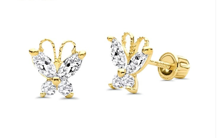 Children's Earrings:  14k Gold AAA Clear CZ Butterflies with Screw Backs and Gift Box