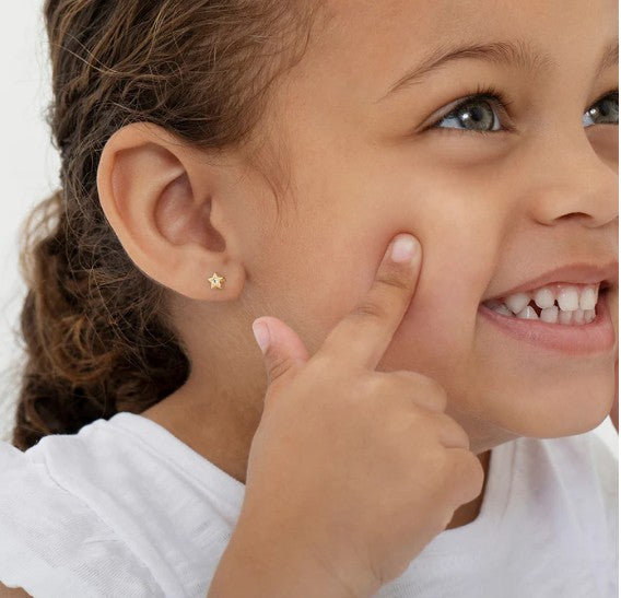 Baby and Children's Earrings:  14k Gold Stars with Central Clear CZ and Screw Backs and Gift Box