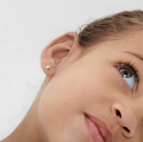 Baby and Children's Earrings:  14k Gold Stars with Central Clear CZ and Screw Backs and Gift Box